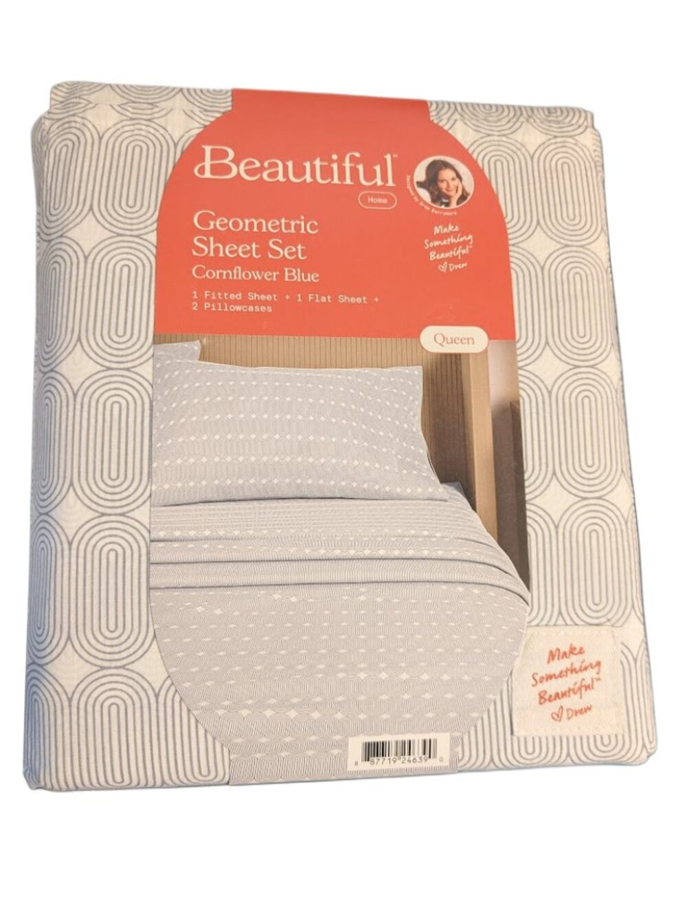 Beautiful Cornflower Blue Geo 4‑Piece Cotton Percale Queen Sheet Set